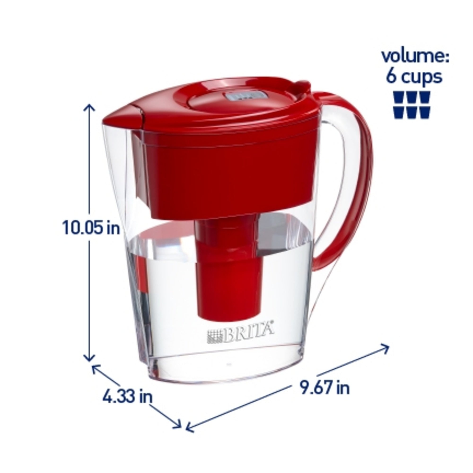 Space Saver Water Filter Pitcher, 6 Cup - Red