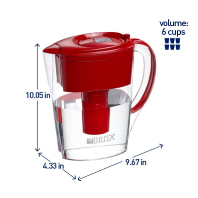 Space Saver Water Filter Pitcher, 6 Cup - Red